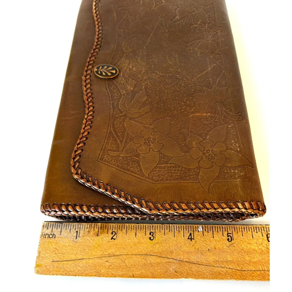Vintage 1920s Leather Clutch Hand Tool Double Side Whipstitch Snap Floral Folds